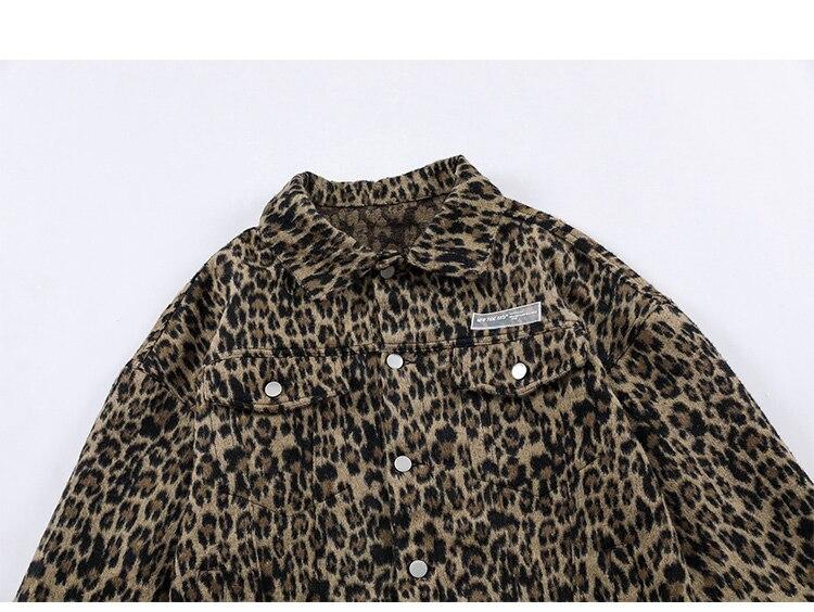 Hip Hop Jacket Coat Men Furry Leopard Print Multi-Pocket Outwear Loose