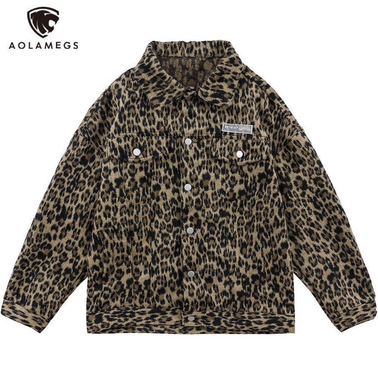 Hip Hop Jacket Coat Men Furry Leopard Print Multi-Pocket Outwear Loose